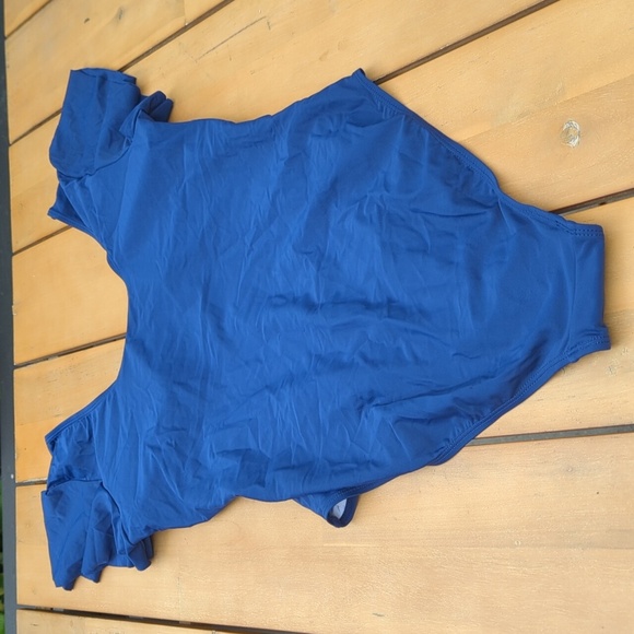 Luvly One Blue & Gold Delphine V-Neck Swimsuit with Lace Trim - Size XL NWT - Picture 3 of 5